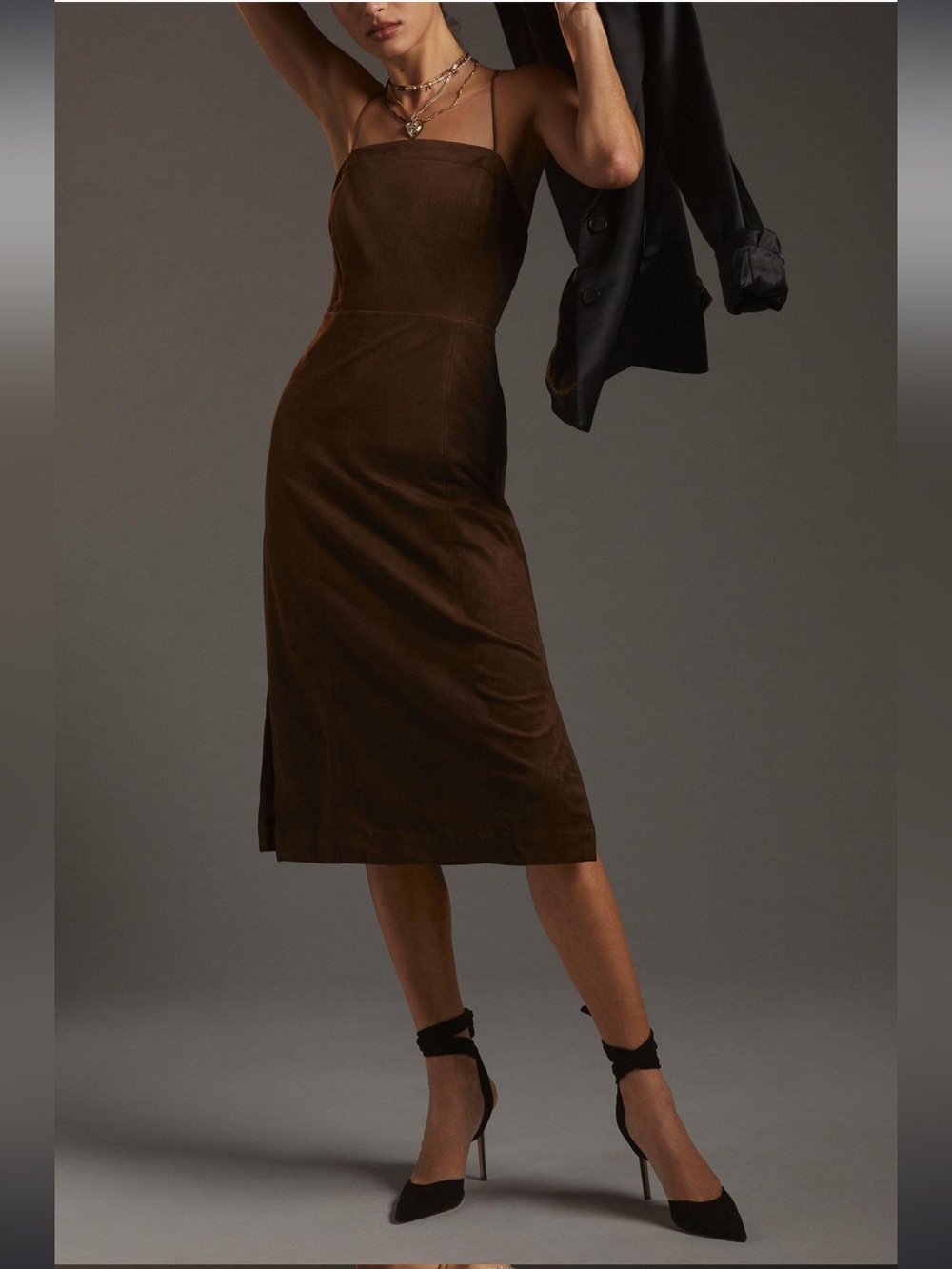 Anthropologie Strappy Faux Suede Midi Dress Brown Low Back Size 4